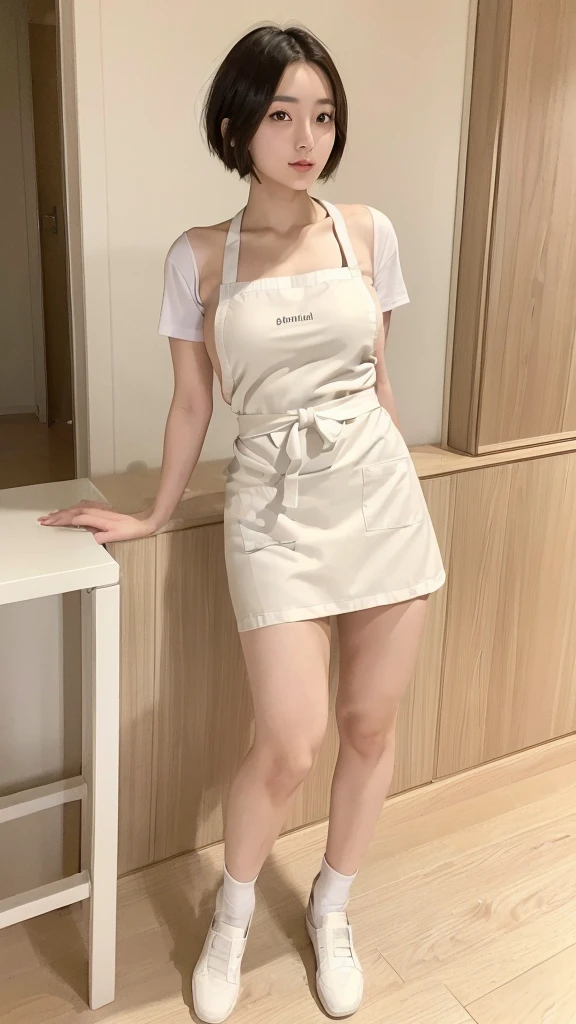 ((Highest quality, 8K, masterpiece: 1.3)), A beautiful Japanese girl, Beautiful woman with slim abs: 1.3, (Medium Short Hair, big: 1.2), (White nude apron: 1.3), Highly detailed face, Fine grain, double eyelid, Cafe Background, Leaning forward, hands on knees,Full Body Shot