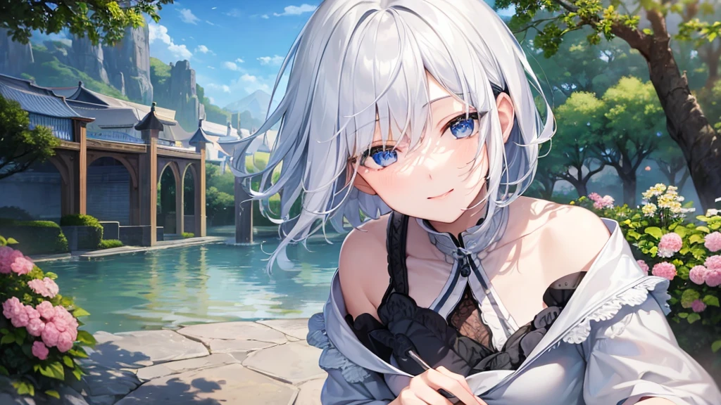 Ultra HD,Look at the viewers, Put your hands behind your back, With a girl, 20-year-old, 非常にShort Hair, Long bangs between the eyes, Pale blue eyes, Very detailed,(masterpiece、Highest quality),Gray Hair、Laughter、Fantastic, Silver Hair, Iris, Short hair、 Fluttering Hair、Small Face、明るいsmile、(Detailed face) ,Professional Lighting,Wonderful landscape,blue sky, sunlight,Looking down from above,Portraiture、Open your mouth、Flower Field、Her eyes were shining、Mysterious and enchanting atmosphere。With AI Painting、とてもShort Hair, Long bangs between the eyes, Very detailed,(masterpiece、Highest quality)、alone、Gray Hair、Fantasy, Silver Hair, Fantasyな風景、White shirt、smile、Open your mouth、short hair、Short Hair、hairpin、black eye、Grey Eyes、Beautiful Eyes、