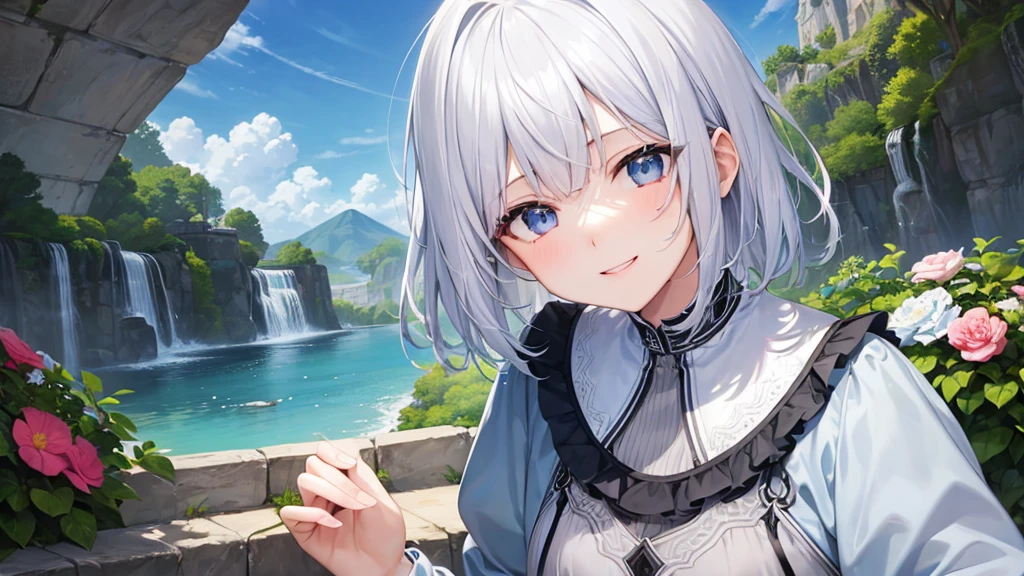 Ultra HD,Look at the viewers, Put your hands behind your back, With a girl, 20-year-old, 非常にShort Hair, Long bangs between the eyes, Pale blue eyes,  Very detailed,(masterpiece、Highest quality),Gray Hair、Laughter、Fantastic, Silver Hair, Iris,  Short hair、 Fluttering Hair、Small Face、明るいsmile、(Detailed face) ,Professional Lighting,Wonderful landscape,blue sky, sunlight,Looking down from above,Portraiture、Open your mouth、Flower Field、Her eyes were shining、Mysterious and enchanting atmosphere。With AI Painting、とてもShort Hair, Long bangs between the eyes, Very detailed,(masterpiece、Highest quality)、alone、Gray Hair、Fantasy, Silver Hair, Fantasyな風景、White shirt、smile、Open your mouth、short hair、Short Hair、hairpin、black eye、Grey Eyes、Beautiful Eyes、