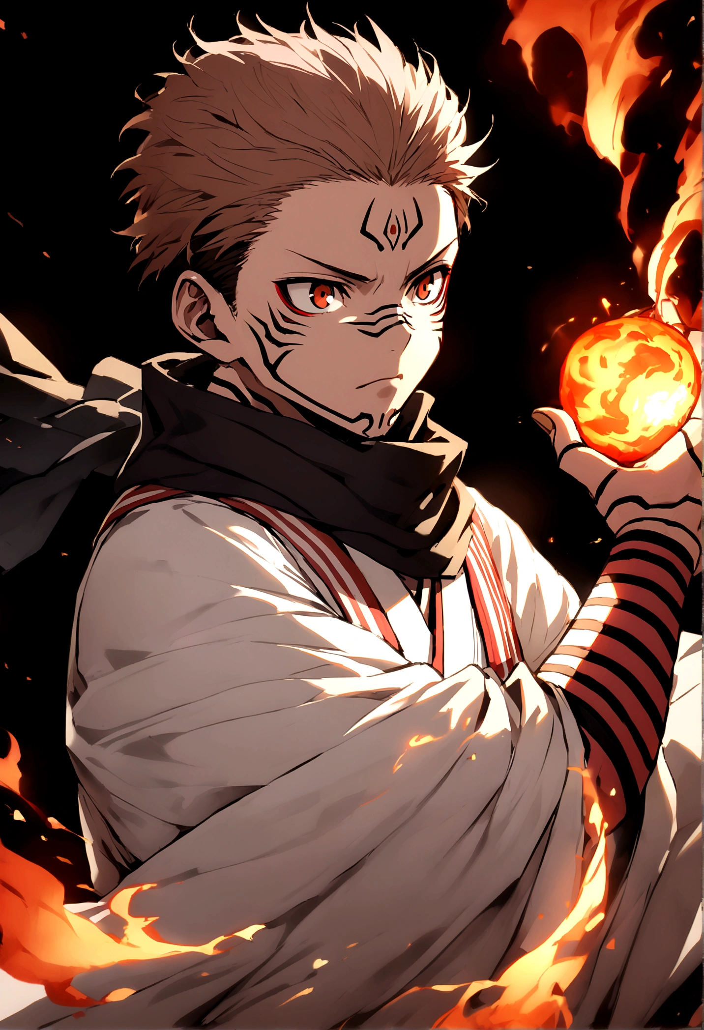 ryomen sukuna, fireball in hand, ready to fight, upper body, no background, white kimono, wide sleeves, black scarf