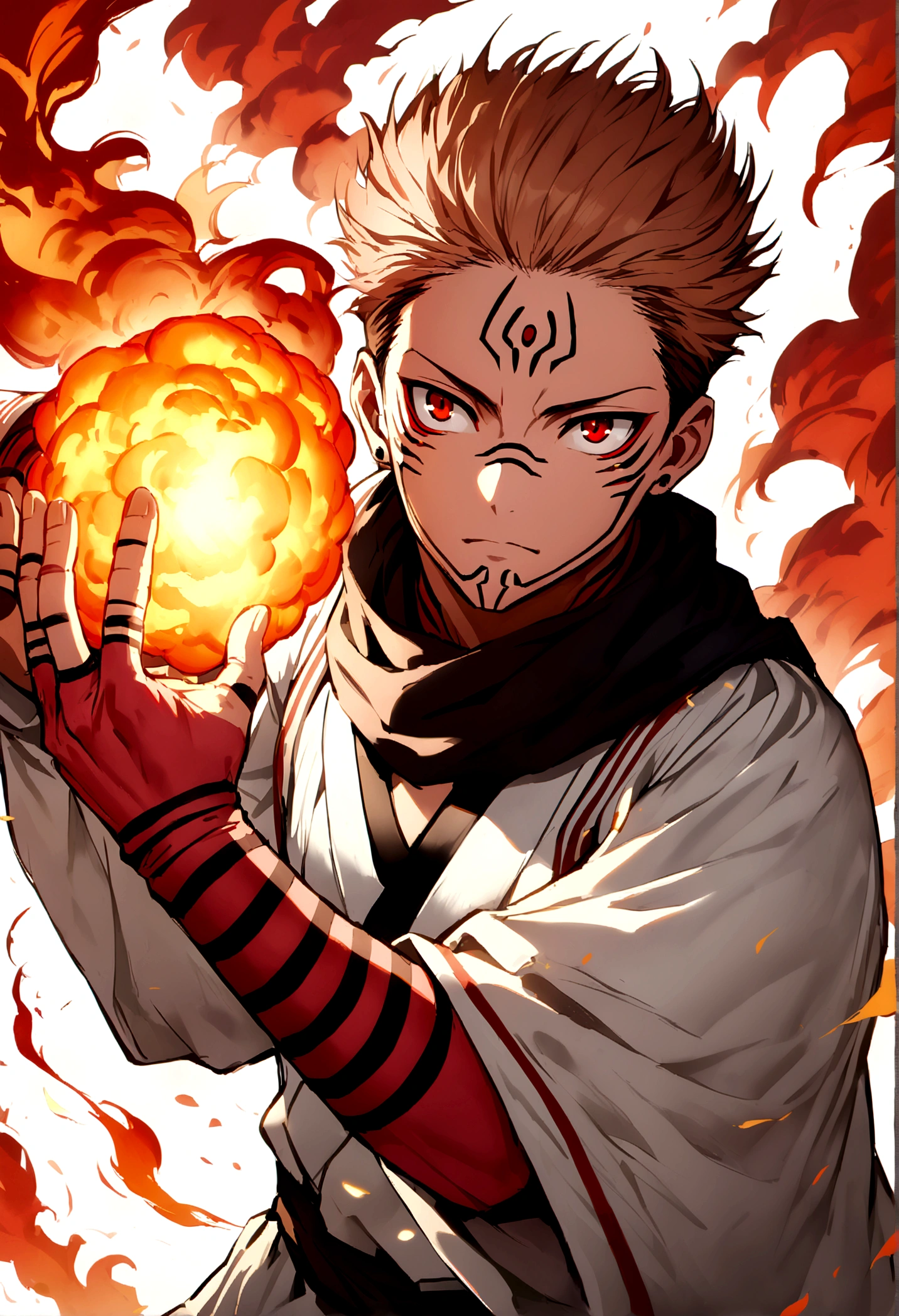 ryomen sukuna, fireball in hand, ready to fight, upper body, no background, white kimono, wide sleeves, black scarf