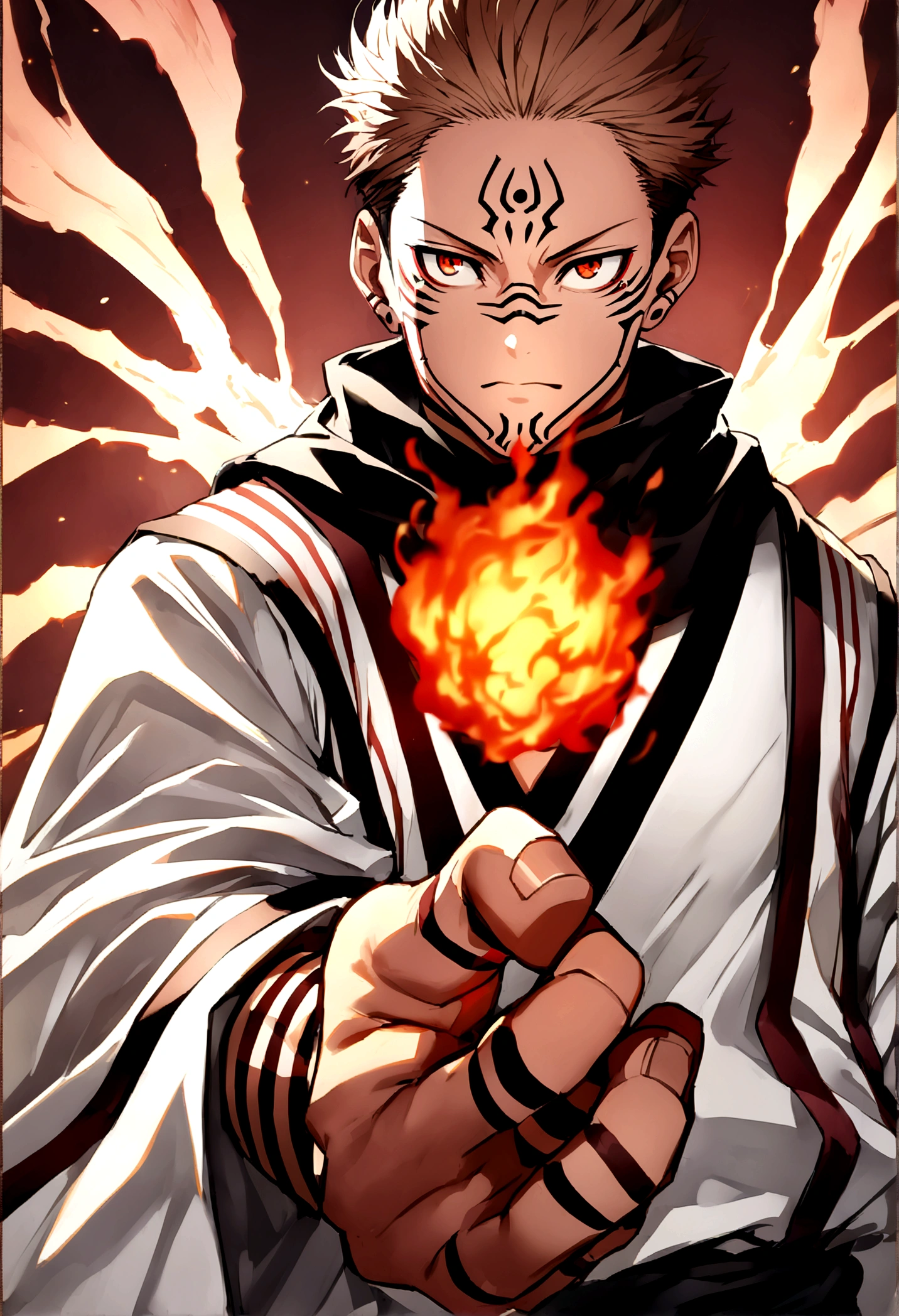 ryomen sukuna, fireball in hand, ready to fight, upper body, no background, white kimono, wide sleeves, black scarf