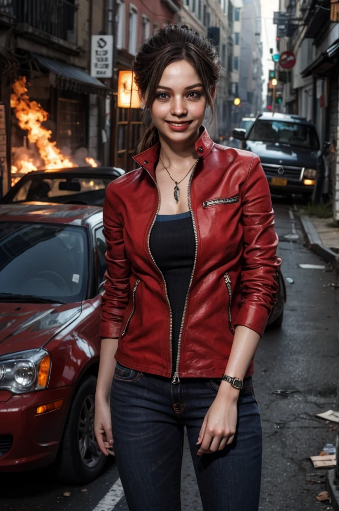 1girl, (realistic),(hyperrealism),(best quality),(masterpiece),(ultra high res),(photorealistic),idol,eye makeup,detailed eyes,detailed face,black dress, claireredfield2, brown hair, (red jacket:1.2), ponytail, (denim pants:1.3),, red wristband,, abandoned street, burning cars in background, littered street, smoke, chaos, zombie apocalypse, daytime, sunny,, hands in pocket, looking at viewer, smiling, closeup shot