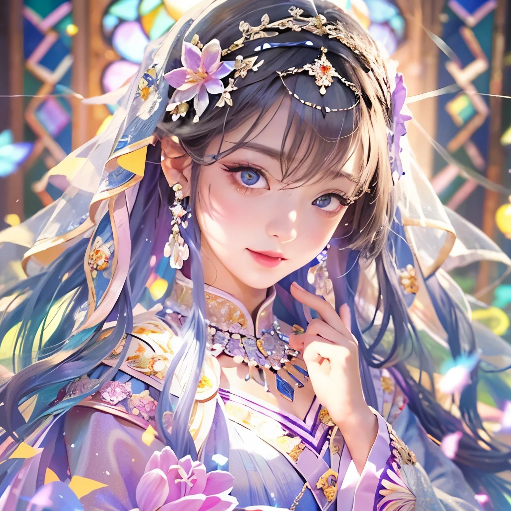 (Masterpiece TopQuality aesthetic Mystic:1.2), ExtremelyDetailed a KAWAII Bride (CloseUp from below:1.4) Radiant PearlSkin with Transparency (Acutance:0.8), (((Detailed NOGIZAKA FaceVariations))), Childish CaptivatingGaze ElaboratePupils with (SparklingHighlights:1.28), DoubleEyelids with (Voluminous LongEyelashes:0.88), Small GlossyRedLips with BeautifulDetails, PUNIPUNI RosyCheeks, Glowing DowneyHair . { (Dynamic Joyful expressions LifeLike Rendering:1.4) | (:d) }  BREAK Background is Filled with Dazzling Blurred StainedGlass (BokeH:1.4) ExtremelyDetailed Elaborate Stained Glass Art, Colored Glass, Lead Line, Light transmission Bright colors, intricate designs, luminous effect, Spiritual atmosphere