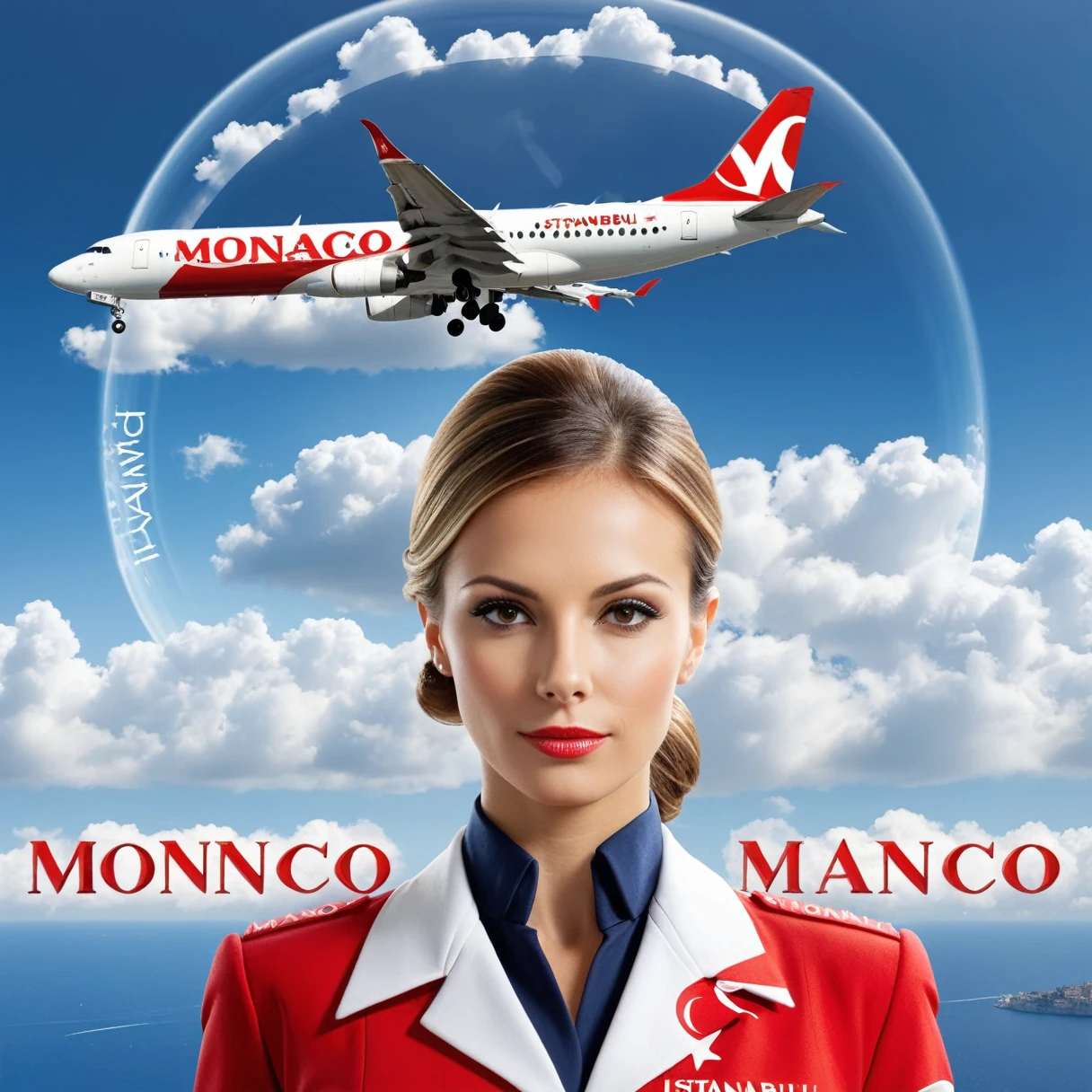 dvr-wwyt, stewardess, airplane, double exposure, (("monaco",  "Istanbul")) Text logo, clouds