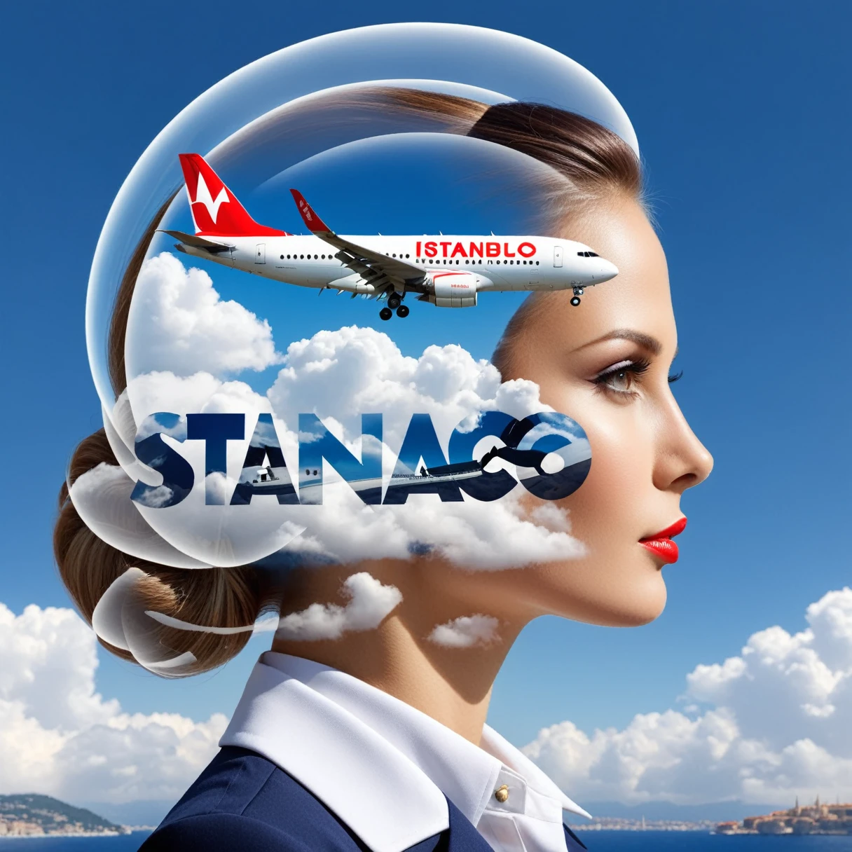 dvr-wwyt, stewardess, airplane, double exposure, (("monaco",  "Istanbul")) Text logo, clouds