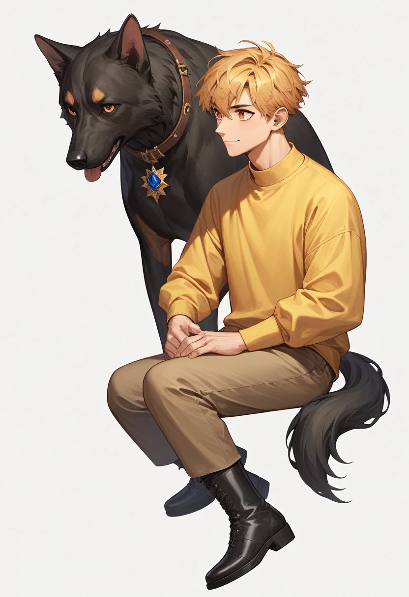 ((Best quality, masterpiece)),
1 guy, blond short hair, orange eyes, Neko, dog black fluffy ears, Yellow Sweater, brown pants, black boots, White background, cartoon style