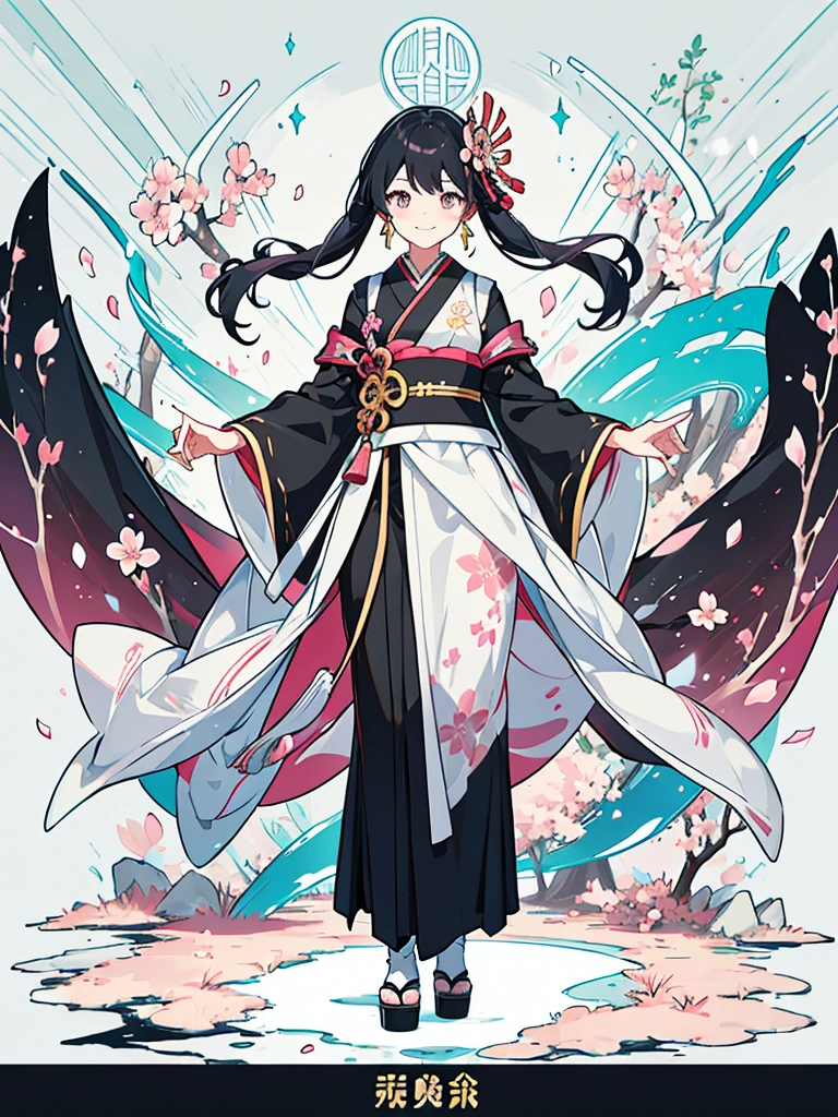 best quality, character design sheet, adult woman、No hat on, Black and pink hair, whole body, Head to Toe, Fortuneteller、Standing facing forward, Beautiful black dress, long Black Hair, Pure white background, from front, best quality, Cherry blossom pattern、Japanese、Adult Japanese、Clear eyes、Standing facing forward、The face is facing forward、holding a magic card in hand、White background、Smiling face、Black western dress、Neutral face