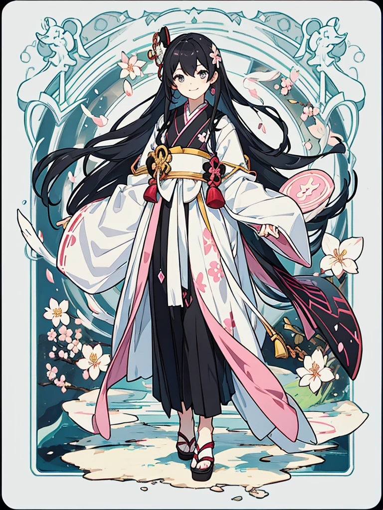 best quality, character design sheet, adult woman、No hat on, Black and pink hair, whole body, Head to Toe, Fortuneteller、Standing facing forward, Beautiful black dress, long Black Hair, Pure white background, from front, best quality, Cherry blossom pattern、Japanese、Adult Japanese、Clear eyes、Standing facing forward、The face is facing forward、holding a magic card in hand、White background、Smiling face、Black western dress、Neutral face