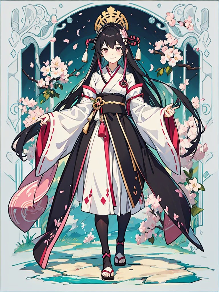 best quality, character design sheet, adult woman、No hat on, Black and pink hair, whole body, Head to Toe, Fortuneteller、Standing facing forward, Beautiful black dress, long Black Hair, Pure white background, from front, best quality, Cherry blossom pattern、Japanese、Adult Japanese、Clear eyes、Standing facing forward、The face is facing forward、holding a magic card in hand、White background、Smiling face、Black western dress、Neutral face