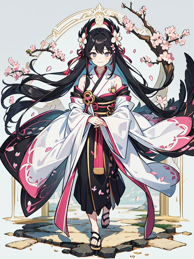 best quality, character design sheet, adult woman、No hat on, Black and pink hair, whole body, Head to Toe, Fortuneteller、Standing facing forward, Beautiful black dress, long Black Hair, Pure white background, from front, best quality, Cherry blossom pattern、Japanese、Adult Japanese、Clear eyes、Standing facing forward、The face is facing forward、holding a magic card in hand、White background、Smiling face、Black western dress、Neutral face