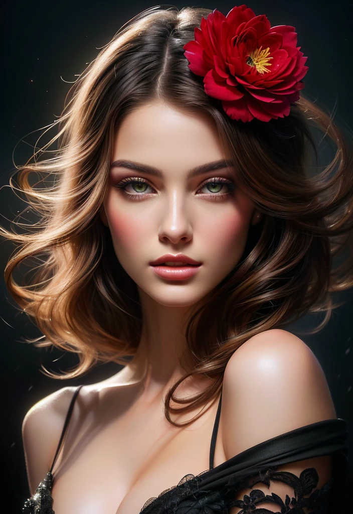 arafed image of a woman with a red flower in her hair, karol bak uhd, beautiful digital artwork, exquisite digital illustration, beautiful gorgeous digital art, gorgeous digital art, elegant digital painting, stunning digital illustration, gorgeous digital painting, stunning digital art, stunning digital painting, beautiful art uhd 4 k, style ivan talavera and artgerm