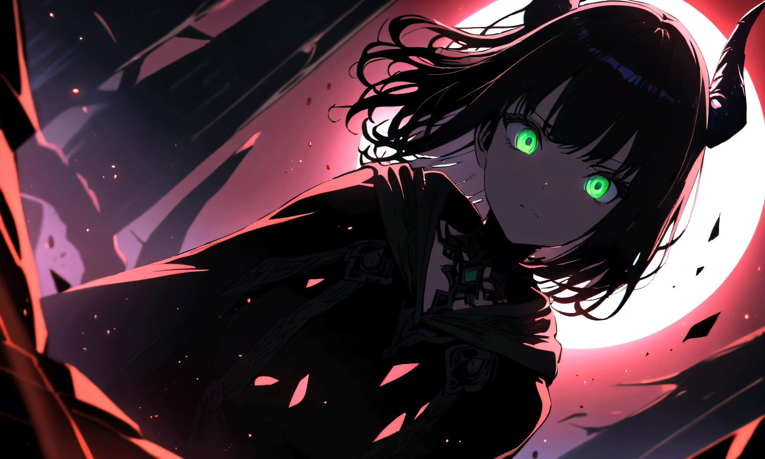 (masterpiece, best quality, ultra-detailed, best shadow), (detailed background,dark fantasy), black dragon horn on head detail, (brave cute detailed face), high contrast, (best illumination, an extremely delicate and beautiful), ((cinematic light)), colorful, hyper detail, dramatic light, intricate details, (1girl, solo,black short hair, sharp face,green eyes, hair between eyes,dynamic angle), blood splatter, moon, red magic light, swirling black light around the character, depth of field,black light particles,(broken glass),magic circle,