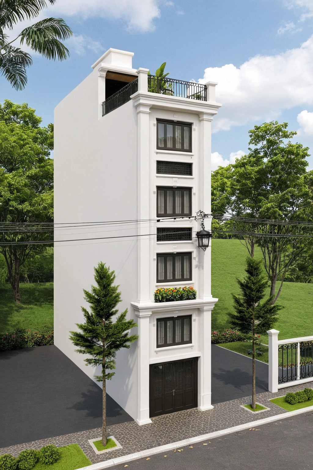 Raw photo,Masterpiece, high quality, best quality, authentic, super detail,
exterior, outdoors, house style indochine on the street ,aiaigroup
road,pavement, grass, trees, sky, cloud, (day:1.1), vivid colour,