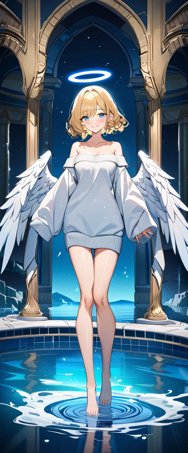 ((angel, big big white wings:1.3, halo:1.3)), (((full body))), ((flying)), Uriel, ((wavy hair, outward curled hair)), (water temple, crystal clear water:1.3), (crystal, reflective, glowing, waterlogged floor, fountain:1.5), (waterfall), (crystal textured interior), (water ripples:1.3), (clear blue crystal pillars:1.2), (geyser, indoor), (ice floor, ice wall:1.2), (light blue glowing:1.3), ((blond hair, bob cut:1.3)), breasts, teenager, (looking at viewer), oversized clothes, puffy long sleeves, collarbone, ((off-shoulder sweater dress:1.3, Quite thick shoulder straps)), (((sleeves past wrists:1.3))), ((white sweater)), collarbone, head tilt:1.3, (((blue eyes))), ((happy smile)), (((anime style))), (best quality, 4K, 8K, highres, masterpiece:1.2, ultra-detailed, ultra-detailed eyes, HDR, uhd, studio lighting, ultra-fine painting, sharp focus, physically-based rendering, extreme detail description, professional, vivid colors, bokeh), ((Highest quality, Best image quality, Ultra-high resolution, Ultra-high resolution, solo, Strong eye highlights)), Depth of written boundary, Natural soft light, attractive, Beautiful Face, Cleanliness, Pure Face, medium chest, Beautiful Face, Perfect Fingers, Perfect hands, Perfect body, Perfect Face, Shine a light into your eyes, Perfect ???????