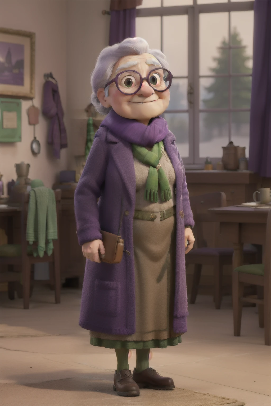 work of art, best qualityer, An old woman with glasses and a scarf, wearing a purple coat and green scarf, stopped not park