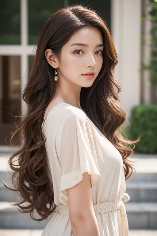 highest quality、4K、Beautiful lady、Perfect Face、Perfect Style、Model、perfect body、Sunburn、beautiful lady、mature、long curly layer brown hair、Swept-back hair、full body, sexly 、charming、healthy、She is at art museum、