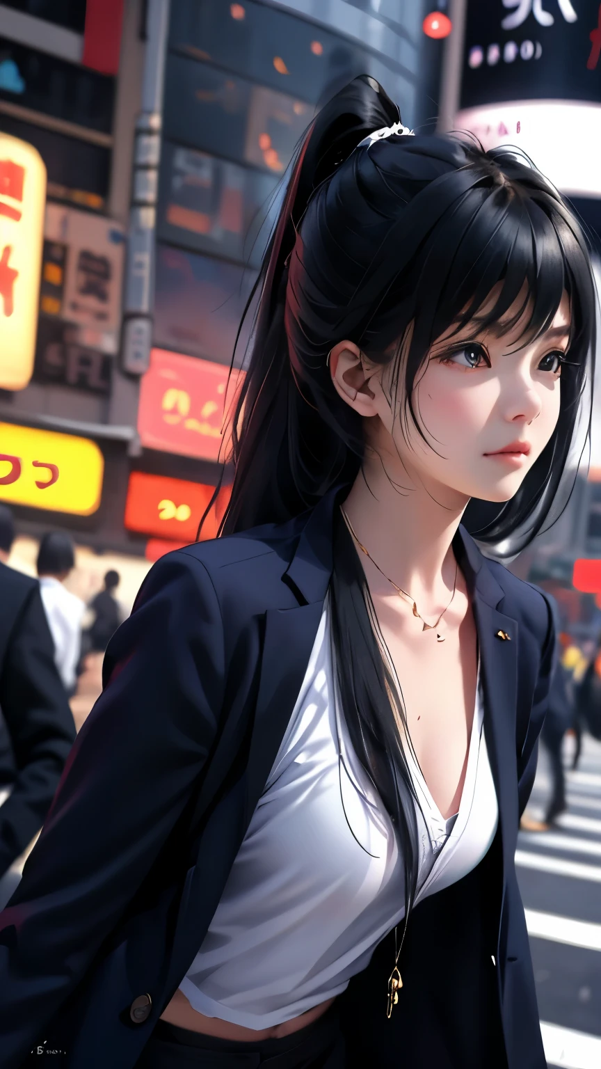 Shibuya Scramble Crossing、Beautiful lighting、Dynamic Angles、Photo portrait、sharp、Black Hair、ponytail、Masterpiece、Highest quality、22 years old、blazer、Upper Body、Moderate bust、Asian、woman