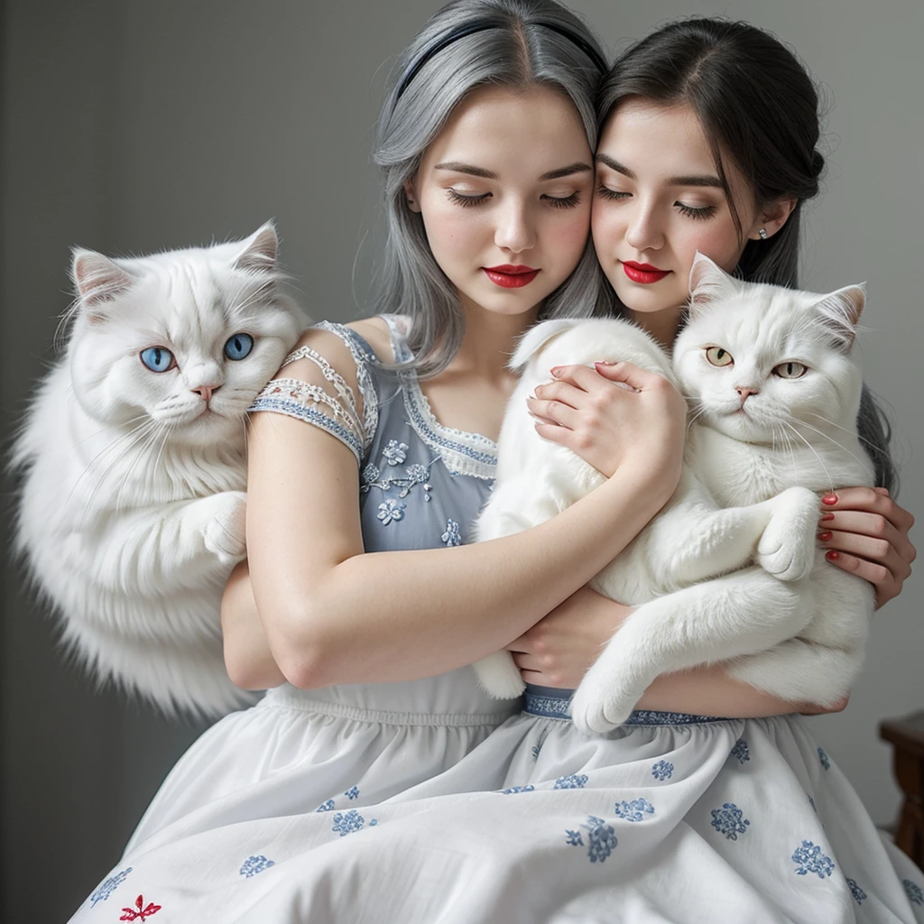 A gray-haired girl with very white skin and very red lips, wearing a white dress with blue embroidery, who is hugging a white Persian cat with black spots.