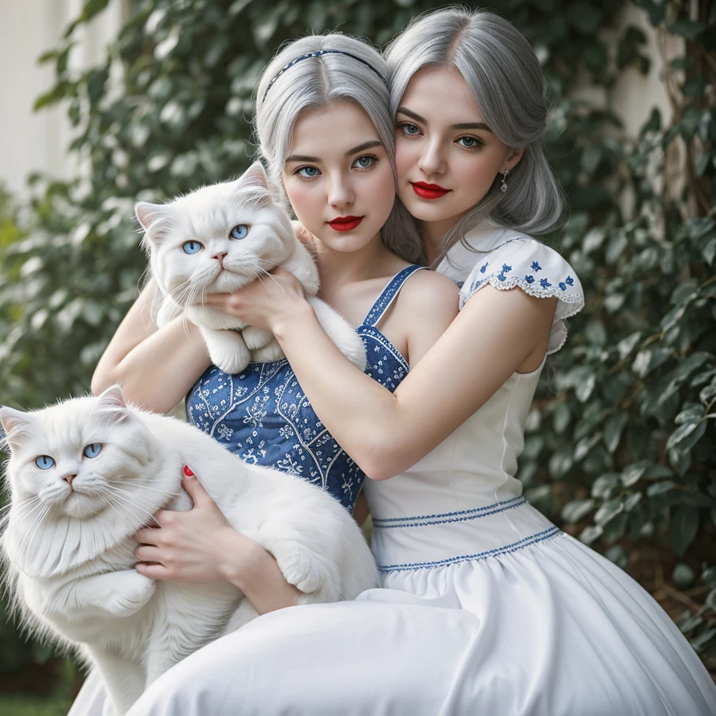 A gray-haired girl with very white skin and very red lips, wearing a white dress with blue embroidery, who is hugging a white Persian cat with black spots.
