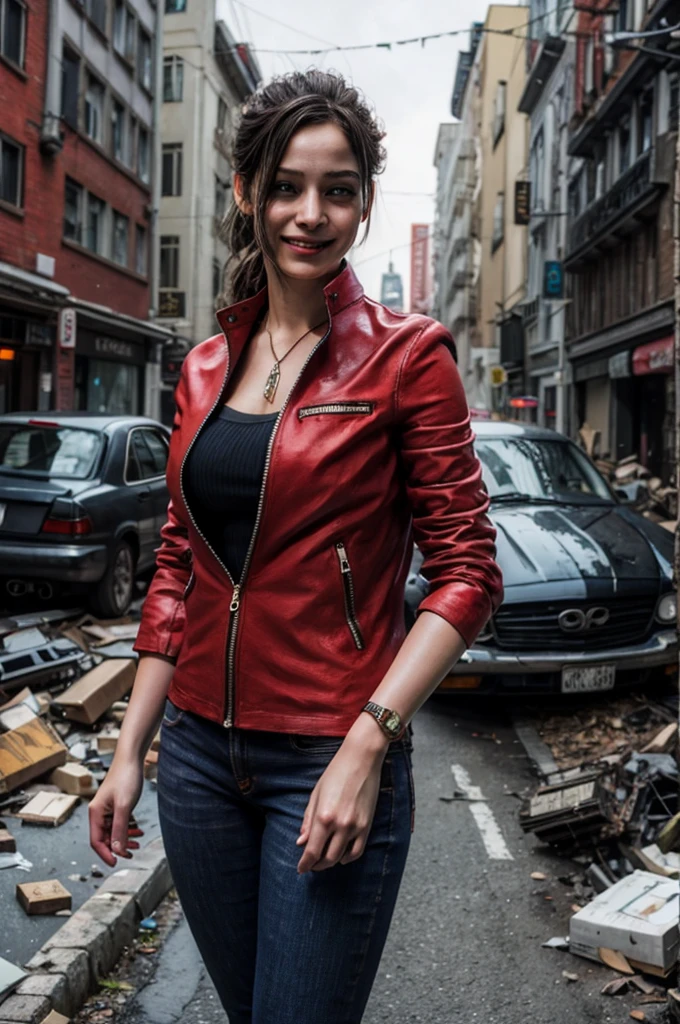 1girl, (realistic),(hyperrealism),(best quality),(masterpiece),(ultra high res),(photorealistic),idol,eye makeup,detailed eyes,detailed face,black dress, claireredfield2, brown hair, (red jacket:1.2), ponytail, (denim pants:1.3),, red wristband,, abandoned street, burning cars in background, littered street, smoke, chaos, zombie apocalypse, daytime, sunny,, hands in pocket, looking at viewer, smiling, closeup shot