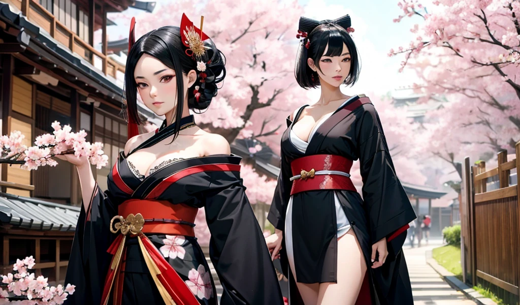 Black hair geisha hairstyle adult women，kimono，Off-shoulder，cleavage，Bare Legs，Japanese Street，Samurai sword，Cherry blossoms，