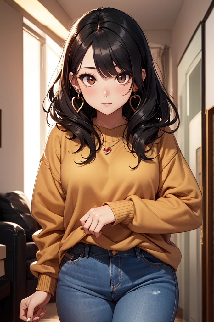 young woman with black hair,brown sweater, round face, brown eyes, medium length hair, 4 ear peircings, wavy hair, round eyes, heavy mascara and eyeliner, heart earings, bangs, very cute, blue jeans, standing up in apartment,