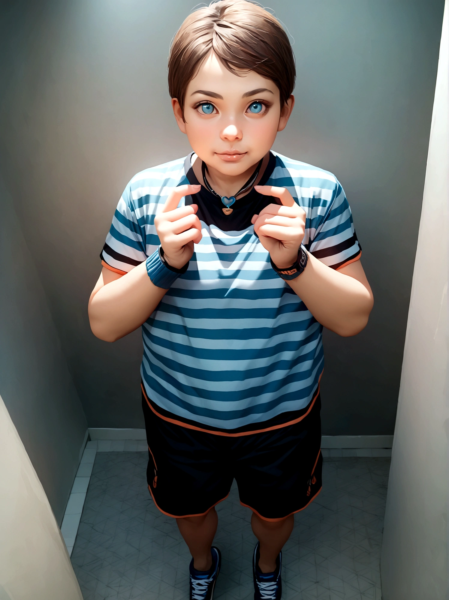 a chubby short-haired boy wearing a blue Nike sneaker, gray shirt, and dark jeans, beautiful detailed eyes, beautiful detailed lips, extremely detailed eyes and face, long eyelashes, portrait, realistic, photorealistic, photo-realistic:1.37, best quality,4k,8k,highres,masterpiece:1.2,ultra-detailed,realistic lighting,warm colors,studio lighting