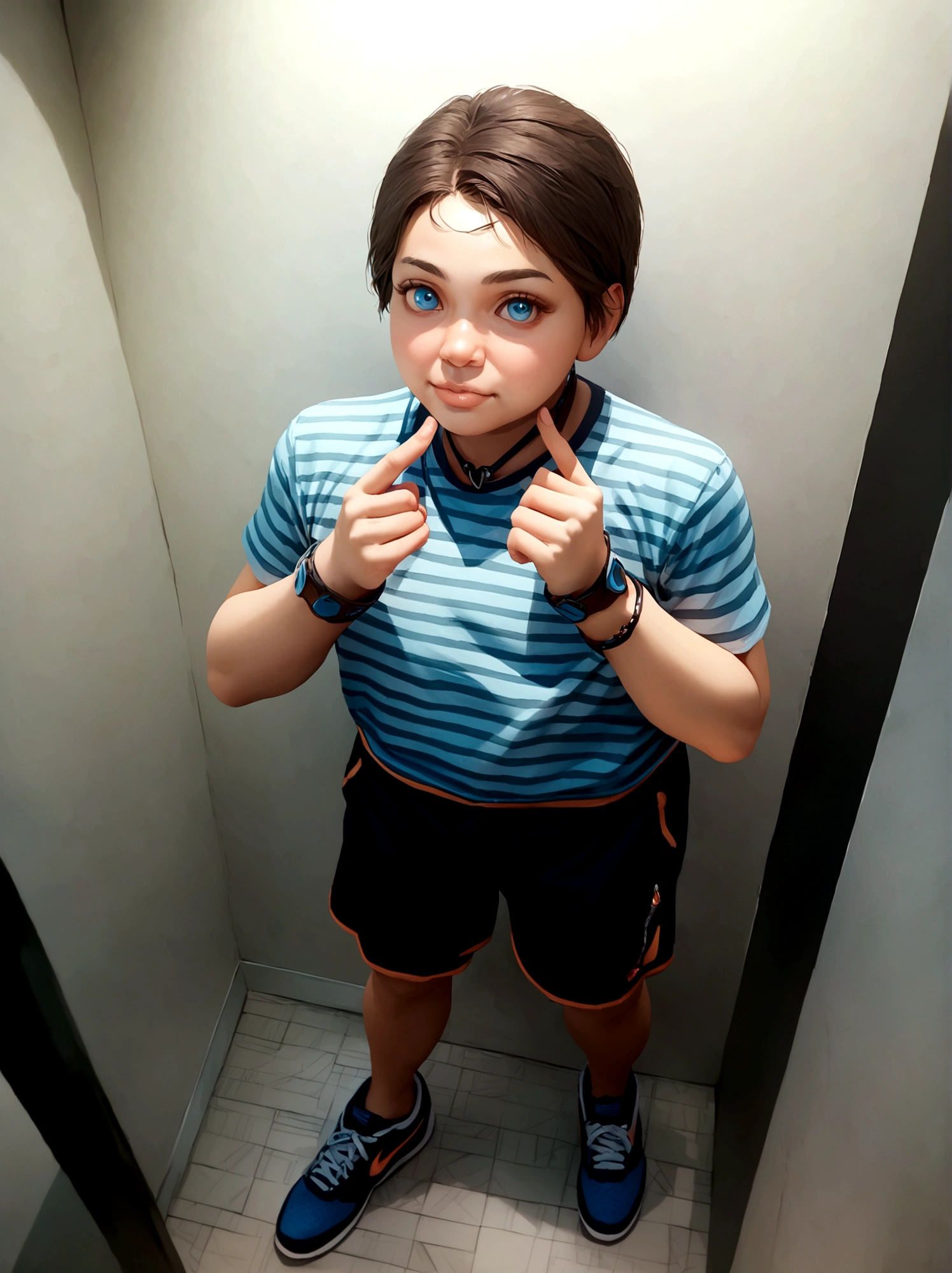 a chubby short-haired boy wearing a blue Nike sneaker, gray shirt, and dark jeans, beautiful detailed eyes, beautiful detailed lips, extremely detailed eyes and face, long eyelashes, portrait, realistic, photorealistic, photo-realistic:1.37, best quality,4k,8k,highres,masterpiece:1.2,ultra-detailed,realistic lighting,warm colors,studio lighting