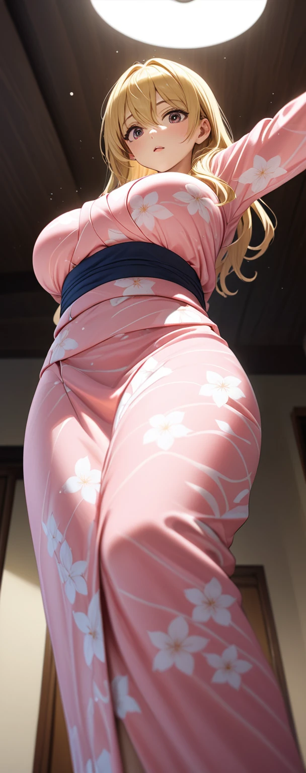 (Masterpiece、Highest quality、Very detailed、8K)、One Woman、18-year-old、Blonde、Big Breasts、Pink kimono、stand、(Angle from below)