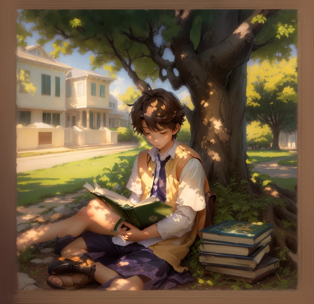 A picture of a boy in his 50s sitting under a tree and reading a book, Reading under a tree, praise, Makoto Shinkai's Style, mokoto shinkai, mamoru hosoda, shinkai makoto, in Makoto Shinkai's Style, Inspired by Takeharu Matsumura, Written by Eizan Kikukawa, Another Iwakura