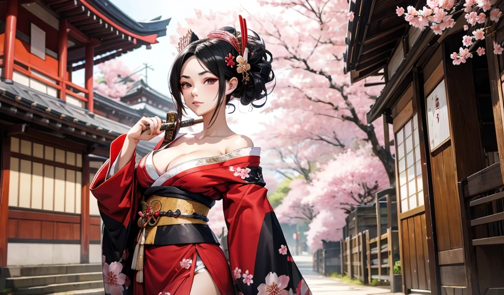 Black hair geisha hairstyle adult women,kimono,Off-shoulder,cleavage,Bare Legs,Japanese Street,Cherry blossoms
