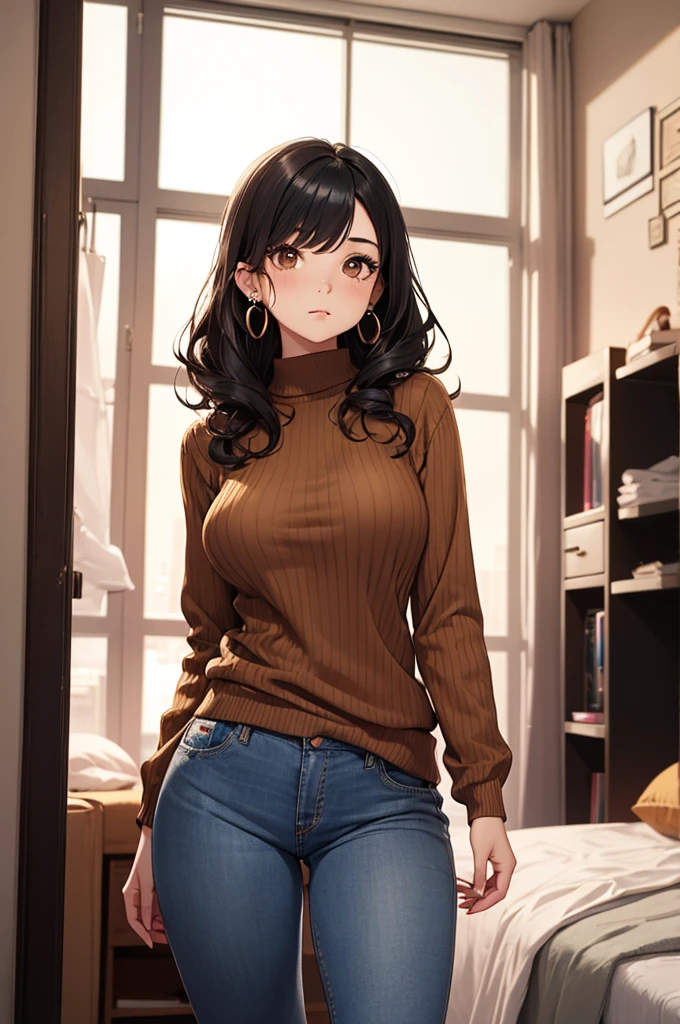 young woman with black hair,brown sweater, round face, brown eyes, medium length hair, 4 ear peircings, wavy hair, round eyes, heavy mascara and eyeliner, heart earings, bangs, very cute, blue jeans, standing up in apartment, medium breasts, wide hips