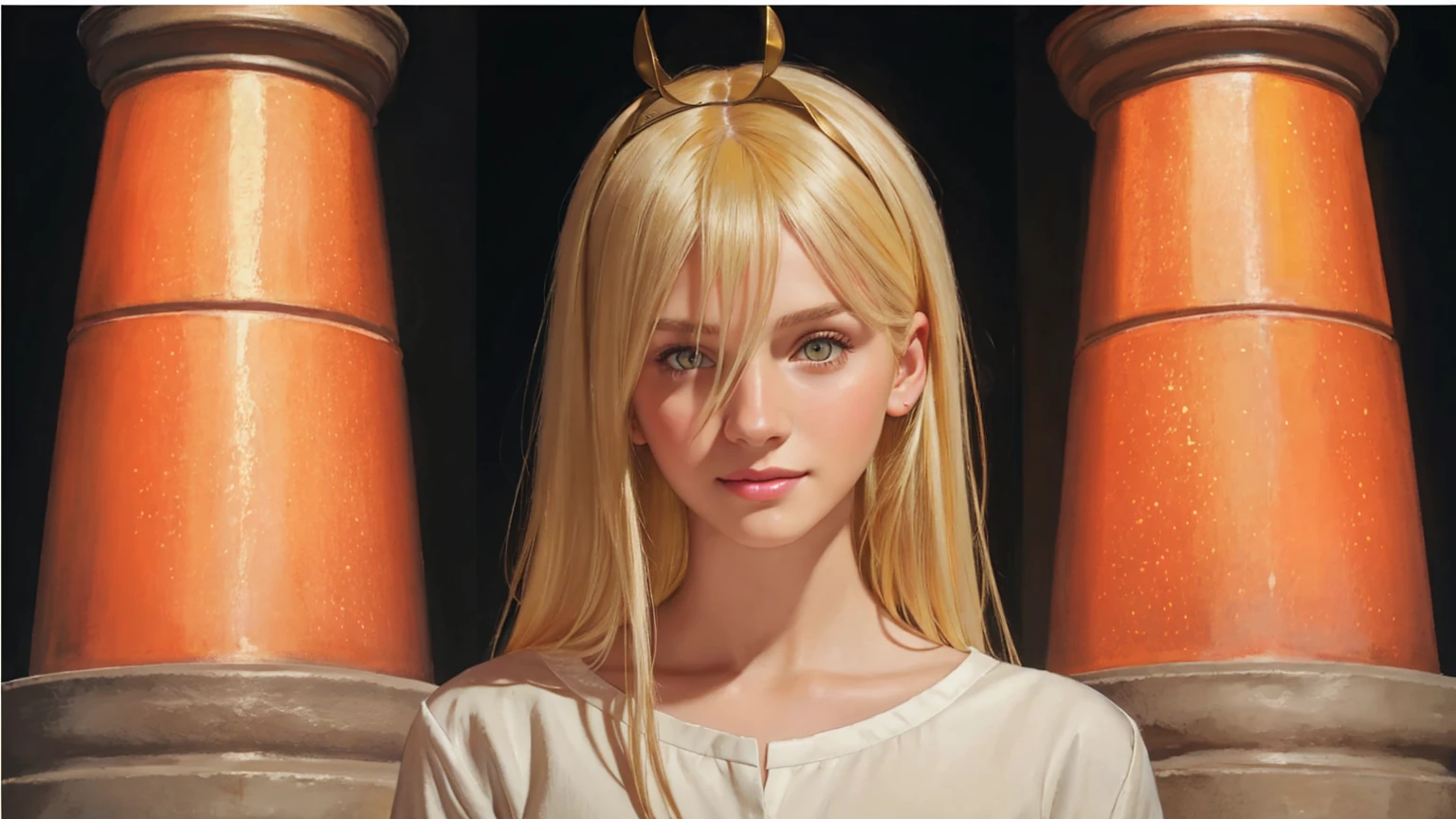(front focus), (in the dark:1.6), Hyperrealist portrait of female by david hockney and alphonse mucha, fantasy art, photo realistic, dynamic lighting, artstation, poster, volumetric lighting, very detailed faces, 4 k, award winning, 1girl, in the dark, deep shadow, low key, cowboy shot, (official clothing:1.4), long hair, yellow hair, yellow eyes, smiling