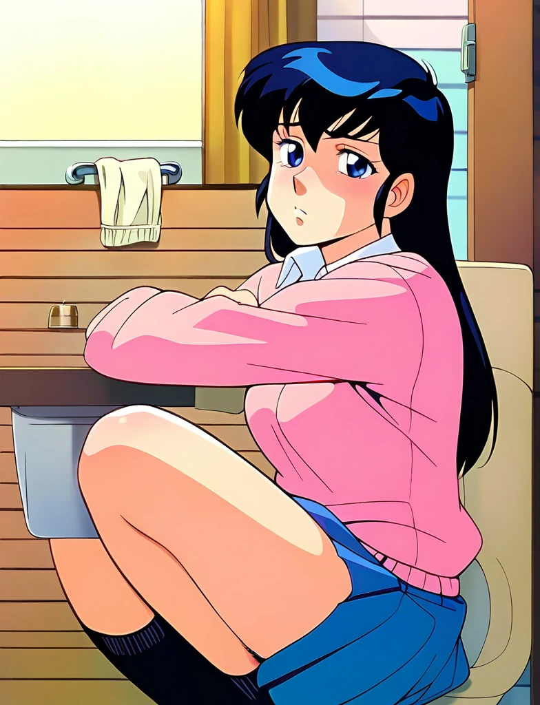 kyoko,score_9,score_8_upper,score_7_upper,sauce_anime,One girl,alone,View your viewers,Wooden school building,Pink Sweater,White collared shirt,length_skirt,blue skirt,Spread your legs,Dew panties,squat,Sad face,:d,arms_behind_return,urination、toilet、Take off your panties、pubic hair、