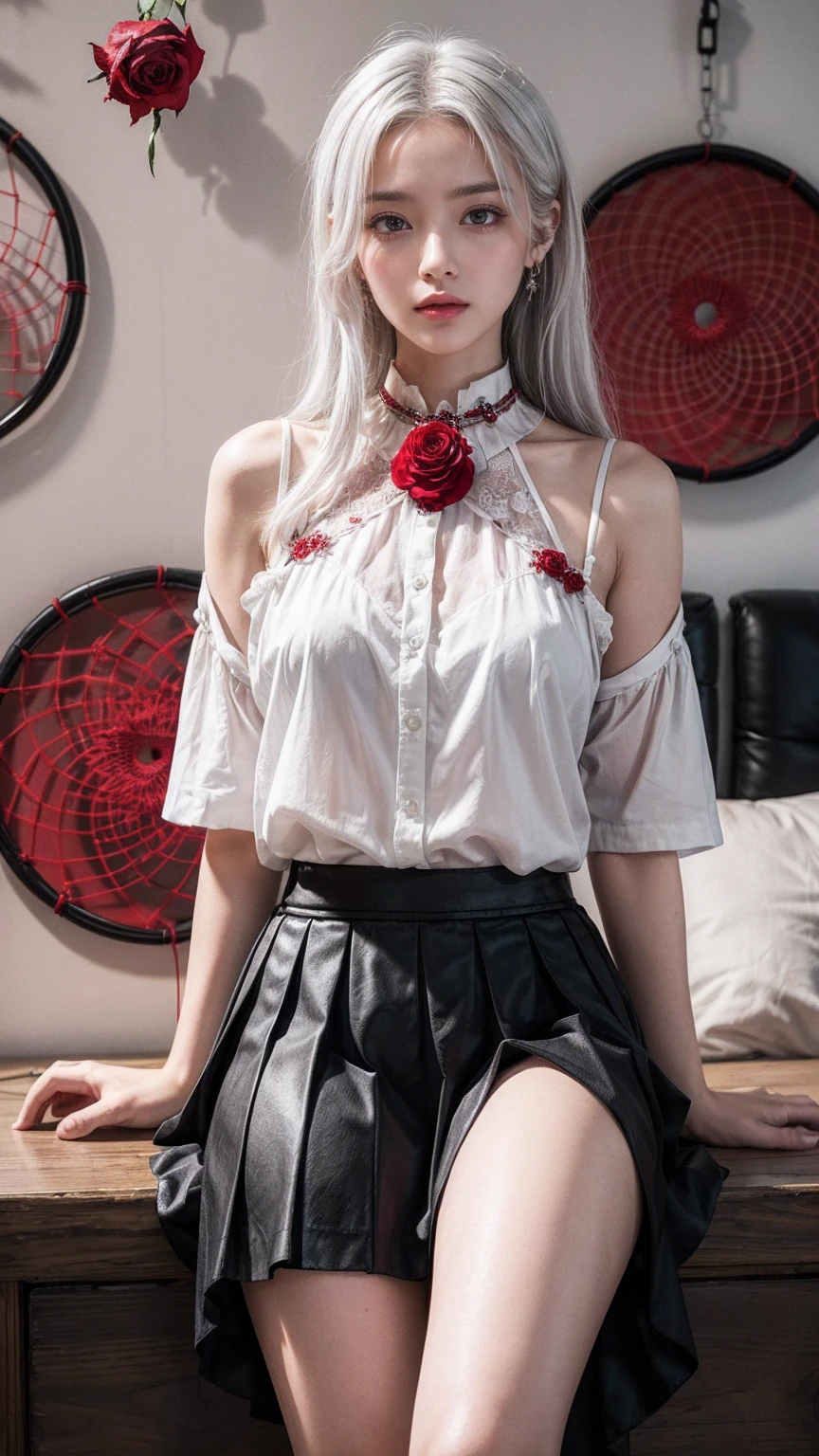 (best quality, masterpiece), (1 Girl, Solitary, Black skirt, permanent , Looking at the audience, White hair, Red Eyes, Holding a rose, Shut up, Upper Body), (There is a red dream catcher behind, safflower, )