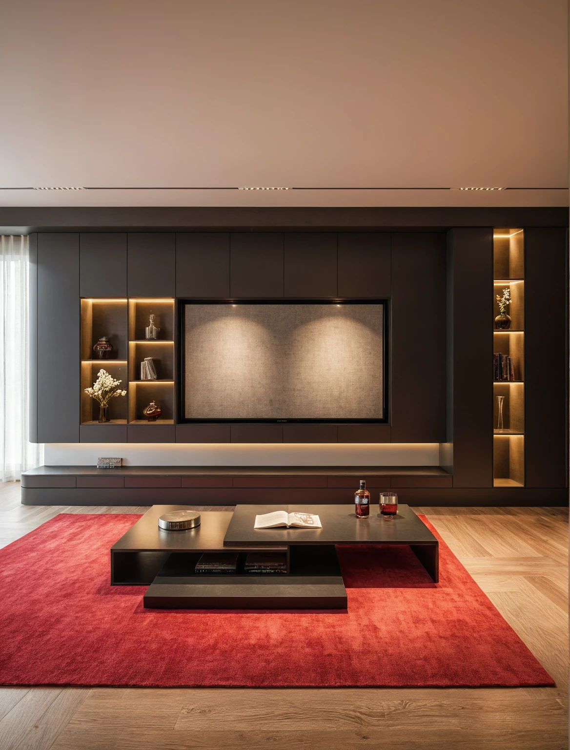 Raw photo,Masterpiece, high quality, best quality, authentic, super detail, interior , sunset, daylight, living room style Modern luxury, TV cabinet, TV, decorative cabinet, books, flower vases, bottles, tea table, tray, wine bottle, open book, carpet, wooden floor, curve, ((red tones)