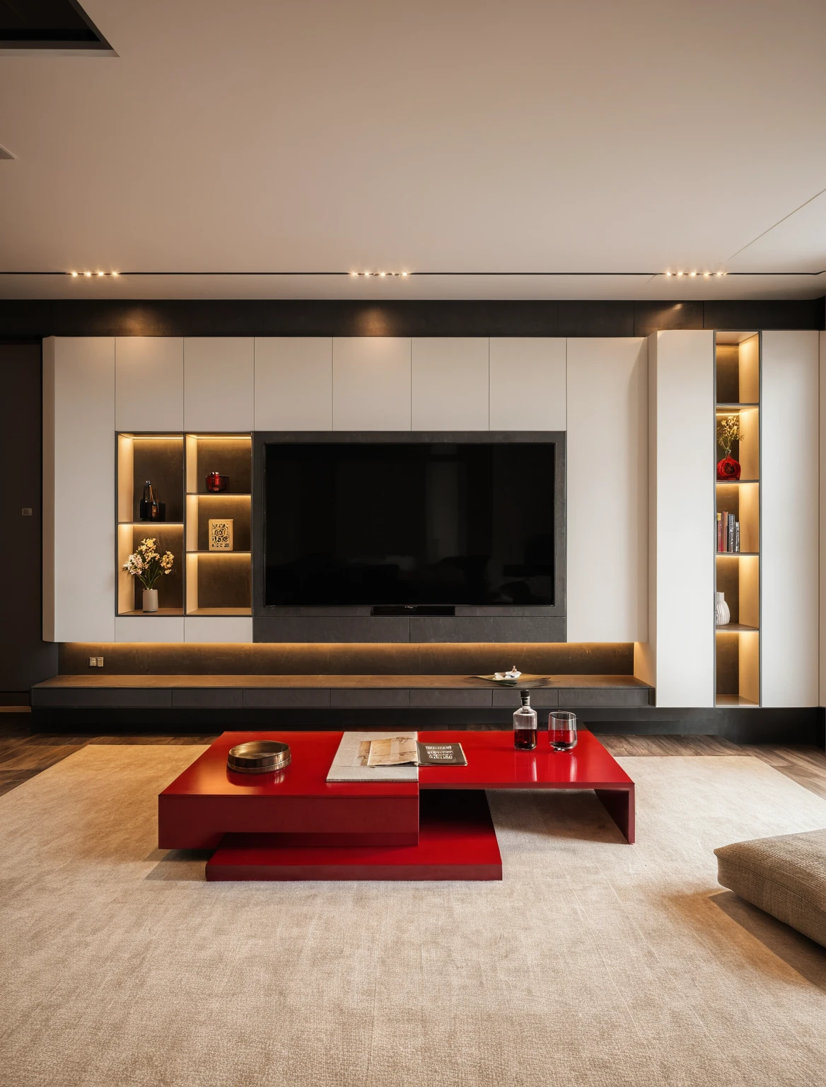 Raw photo,Masterpiece, high quality, best quality, authentic, super detail, interior , sunset, daylight, living room style Modern luxury, TV cabinet, TV, decorative cabinet, books, flower vases, bottles, tea table, tray, wine bottle, open book, carpet, wooden floor, curve, ((red tones)