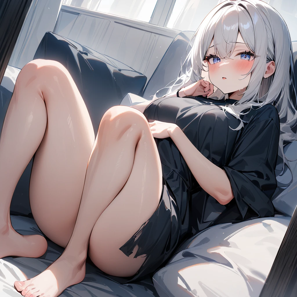 1 girl,Solo,White hair,tow torn color,lovely,masterpiece, best quality, very aesthetic,masterpiece, best quality, very aesthetic,absurdres,Thighs,legs,(Between:1.3),barefoot