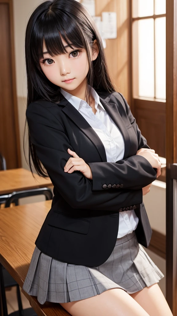 ((Tabletop)), (Detailed face), (highlight), Asian Girl、Black Hair、Heavy bangs、high school girl、skirt、blazer、Support your chest with your arms、Gazing Eyes、