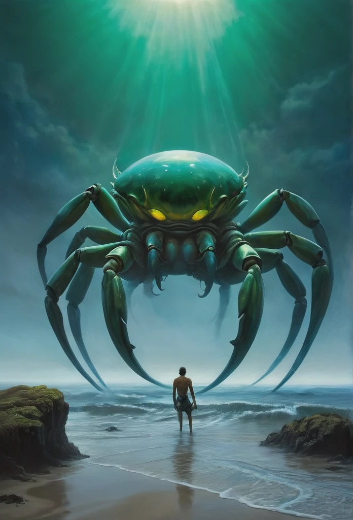 (A giant crab stands in the fog and stares fiercely at a man begging for help),(a creature 5 meters tall:1.0),(Huge green eyes are unusually bright:1.37)(The thick legs of two giants stand on the reef) ,,(The shell of a giant crab is dark green),(goldtrim), (Dark blue wide oval abdomen), (Very hard and thick shell texture), (There are a pair of large protruding compound eyes:0.8),(Unusually long and flexible antennae:1.1),(The length is about 1/3 The width of the crab's body:0.5) ,(There is a small pair of pliers on the top of the head),(Fresh fluff:0.8), giant ethereal creature,The texture is clear, (The helpless pray for help:1.37),(People who ask for help:1.37),(Dark blue glowing sky), Background with:nebulous sky,(safe:1.1(rough sea),(Greatwave),reef,), Reality,Epic,ultraclear,afterimage, Dutch angle, From below, Sony FE GM, clair obscur, Blurry, hyper HD, Masterpiece, Textured skin, Super detail, High details, High quality, Award-Awarded, Best quality, A high resolution, 8K,Epic,sci-fy,Futuristic fantasy,cotw,thriller