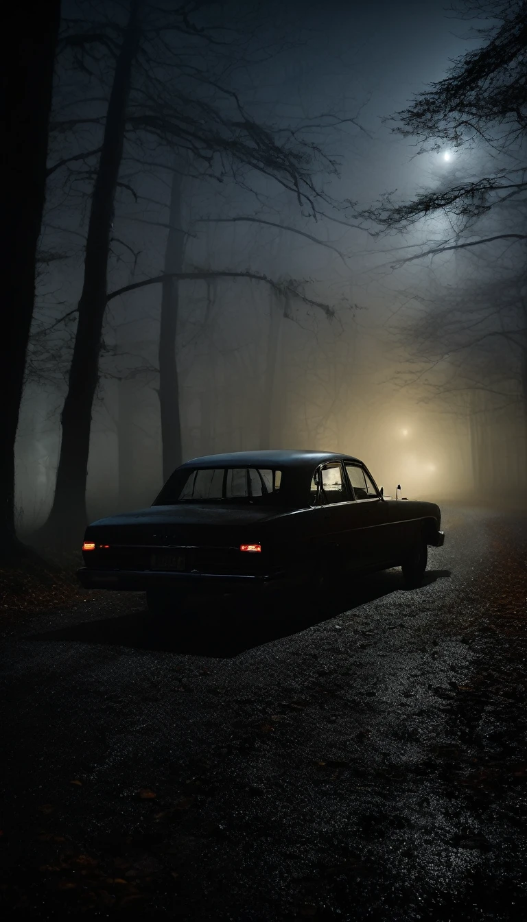 A car stopped on a dark, foggy forest road at night. The driver, a man, looks worried as he peers out the window at the woman in white. The surroundings are shadowy, with tall, twisted trees and dense fog. Cinematic, high contrast, spooky.