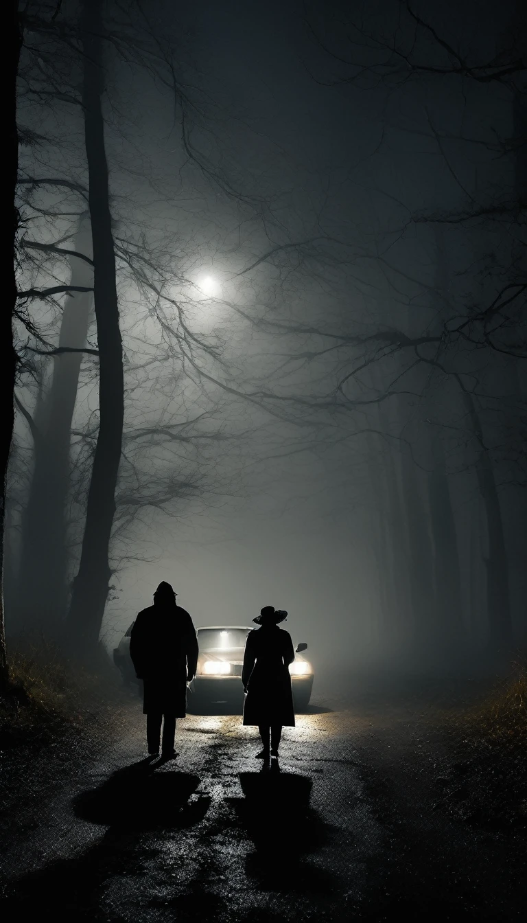 A car stopped on a dark, foggy forest road at night. The driver, a man, looks worried as he peers out the window at the woman in white. The surroundings are shadowy, with tall, twisted trees and dense fog. Cinematic, high contrast, spooky.