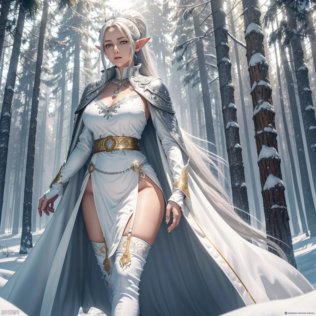 Realistic anime image, of a Beautyfull woman with light brown skin,(( cymetrical face)), ((perfect beauty)), ((well-detailed blue eyes)), long white hair tied up in a ponytail style, ((long pointed ears)), ((sensual lips) ), ((large, perky breasts)),((wide hips)),(thick thighs), is wearing a long white fur dress with a high collar and long sleeves decorated with fine intricate details made in gold, (on On his chest he wears a beautiful silver chain from which hangs a silver medallion decorated with fine intricate details. At his waist he wears a wide silver chain belt. On his back he wears a thick white leather cape with raised lapels said with fine detail. in silver, the cape is tied by two silver brooches joined by a chain, thick white gloves on the hands, low-heeled knee-length white booties decorated with fine (intricate gold details), walking through a beautiful snowy forest of tall pine trees, on a sunny day with snow-covered ground, the sun's rays penetrate through the crown of the trees. HD image, high quality, 8k definition, volumetric light,