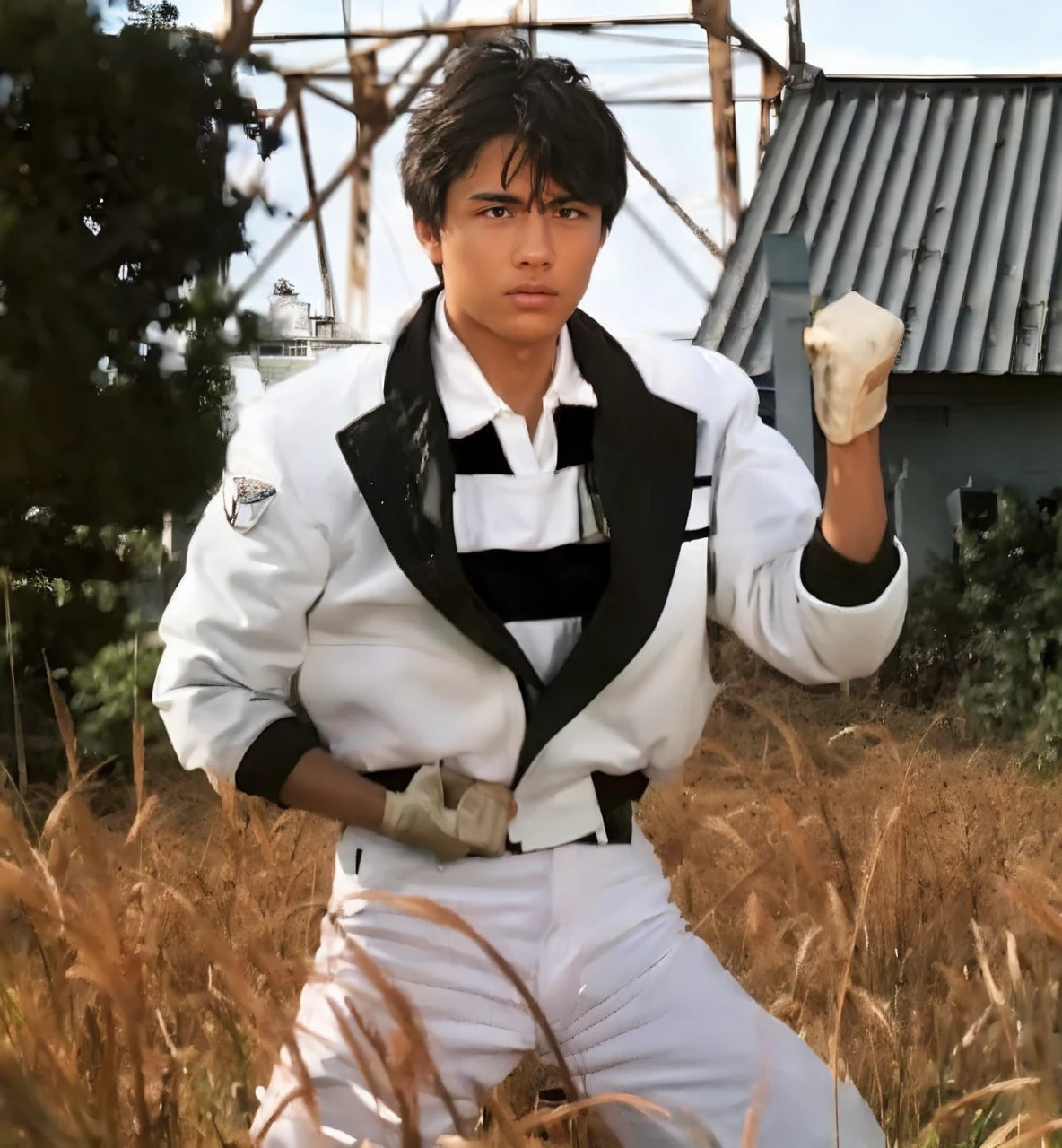 A young man, a hero in a white jacket and black stripes,wearing white gloves stands in a field of tall, dry grass, his fist clenched, his face determined. A weathered building and a tangle of metal structures loom in the background, creating a sense of mystery and danger.
