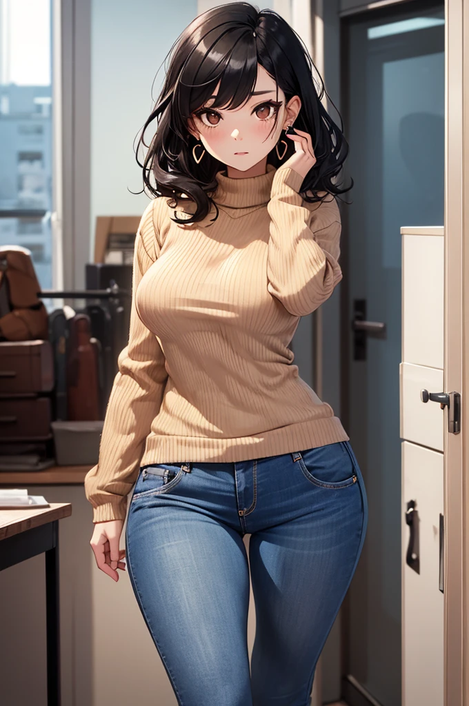 SFW (masterpiece, best quality, 32k) a mature adult woman with black hair ((raven black hair, bangs, diagonal bangs, straight bangs)), ((brown eyeature face, youthful face, beautiful face, cute face, sexy face, sultry face, plump lips)), pale skin, standing, bedroom, modern bedroom, vanity, closet, bed. ((White sweater, ribbed sweater, loose sweater, bursting breasts, tented sweater:1.4, tight sweater, taut sweater), (jeans, black jeans, skinny jeans, long jeans, taut jeans, tight jeans)), ((huge breasts:1.5, round breasts:1.3, perky breasts:1.3)), ((slim:1.4, lithe:1.4, slender:1.4, thin:1.4, busty:1.2, buxom:1.2)), ((round hips, thin waist, waspish waist)), ((long legs, slender legs)), small smile ((full lips)), calm expression, content expression, serene expression, happy expression, open eyes, large eyes, expressive eyes, head-to-waist portrait, cinematics, color oil painting, cinematic lighting, ((extremely detailed face)), ((finely detailed face)), Extremely detailed eyes, finely detailed eyes, beautiful face, beautiful eyes, perfect lighting, depth of field, (realistic proportions), (good anatomy), ((solo:1.6)), ((1girl:1.6))