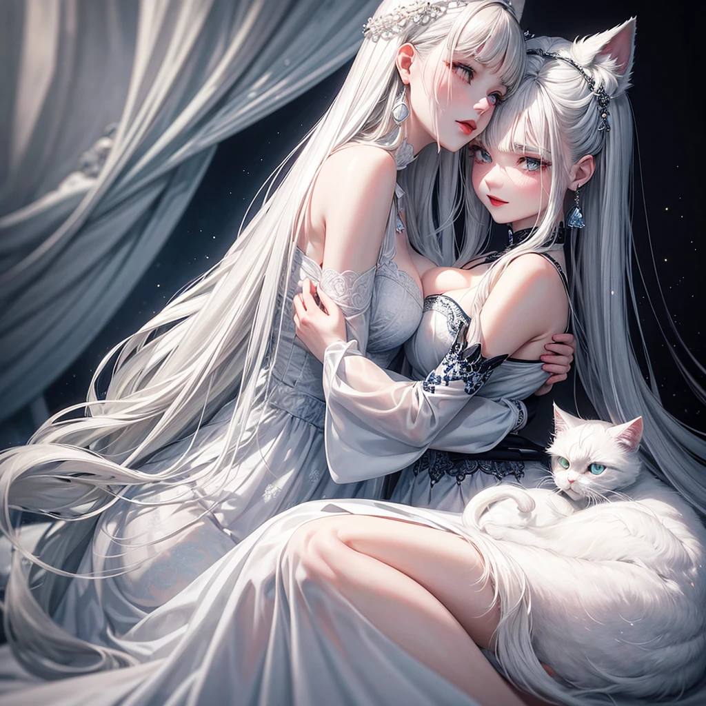 A gray-haired girl with very white skin and very red lips, wearing a white dress with blue embroidery, who is hugging a white Persian cat with black spots.