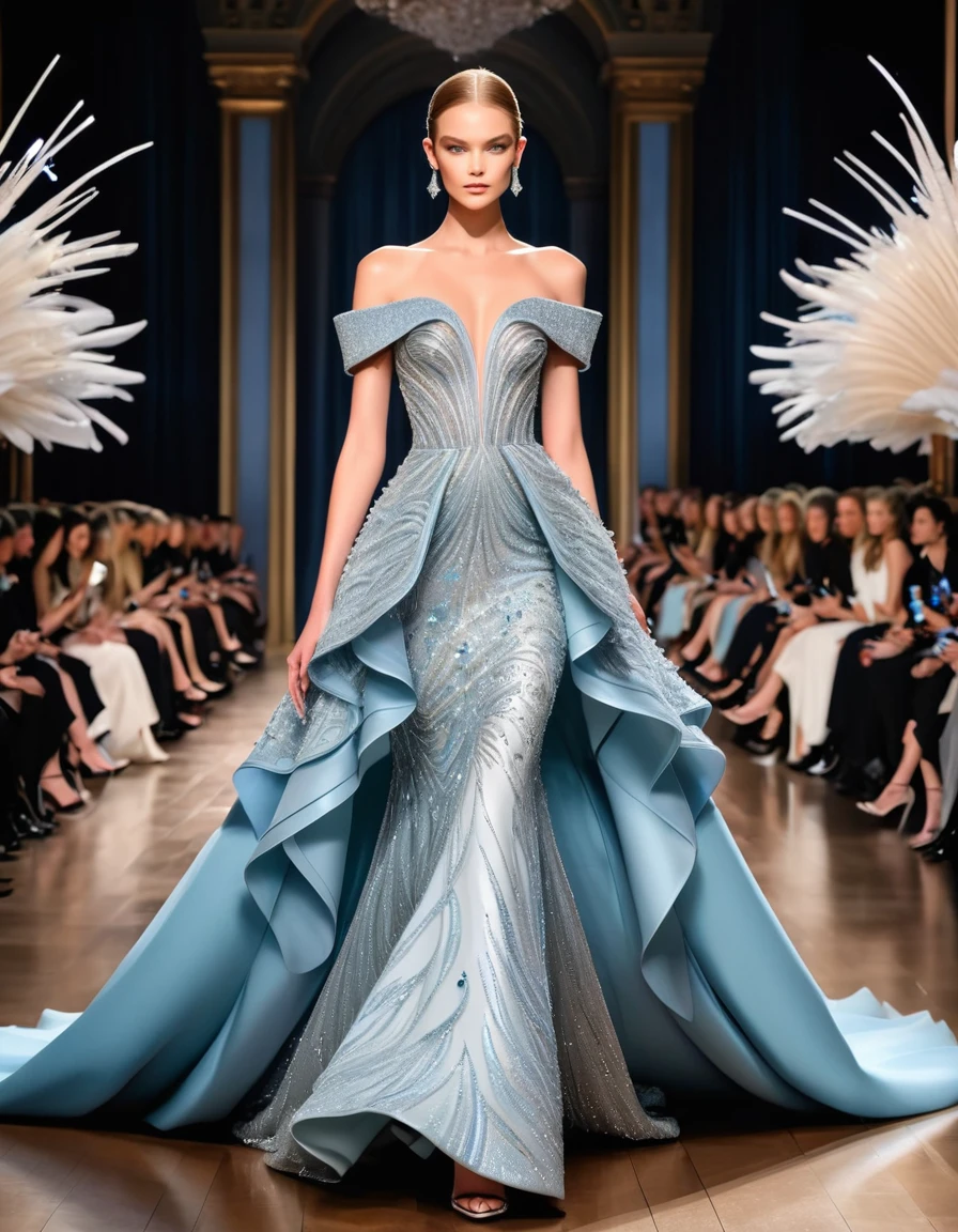 light blue dress (PANTONE 14-4318 Arctic Blue)**
- **Description:** A light blue short length dress, with boat neckline and full skirt.
- **Accessories:** Pearl earrings and a silver tiara.
- **Shoes:** Silver low heel sandals.
- **Sensation:** Light blue is fresh and delicate, perfect for a romantic and feminine look.
These looks are ideal for occasions that require elegance and sophistication., highlighting natural beauty through minimalist cuts and cold colors that highlight femininity and strength.