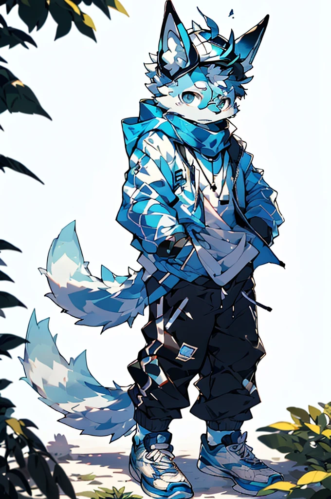 It is an ordinary blue and white sweatshirt with a pair of breathable blue trousers.,Wearing a pair of black-framed glasses,Wear white sneakers,Wearing a white hat from time to time,Some people wear a white scarf when they feel cold.