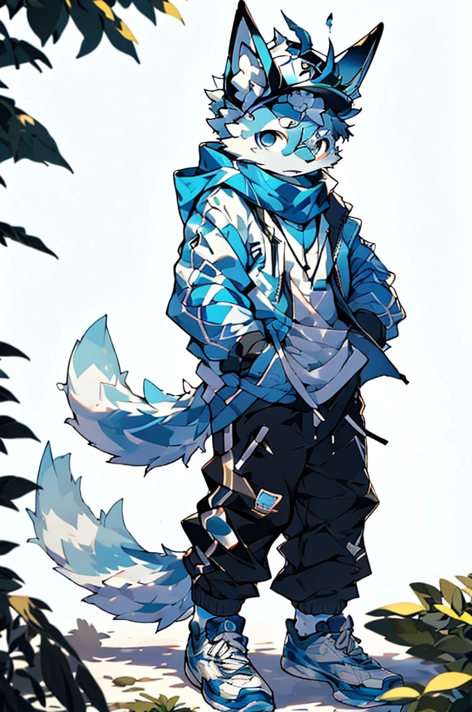 It is an ordinary blue and white sweatshirt with a pair of breathable blue trousers.,Wearing a pair of black-framed glasses,Wear white sneakers,Wearing a white hat from time to time,Some people wear a white scarf when they feel cold.
